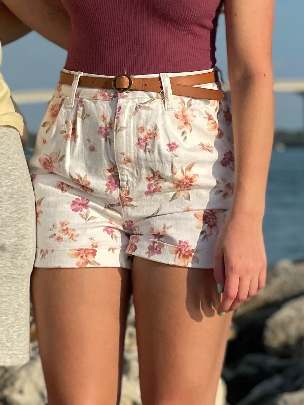 American Eagle Outfitters White Floral Denim Shorts with Pink Blossoms